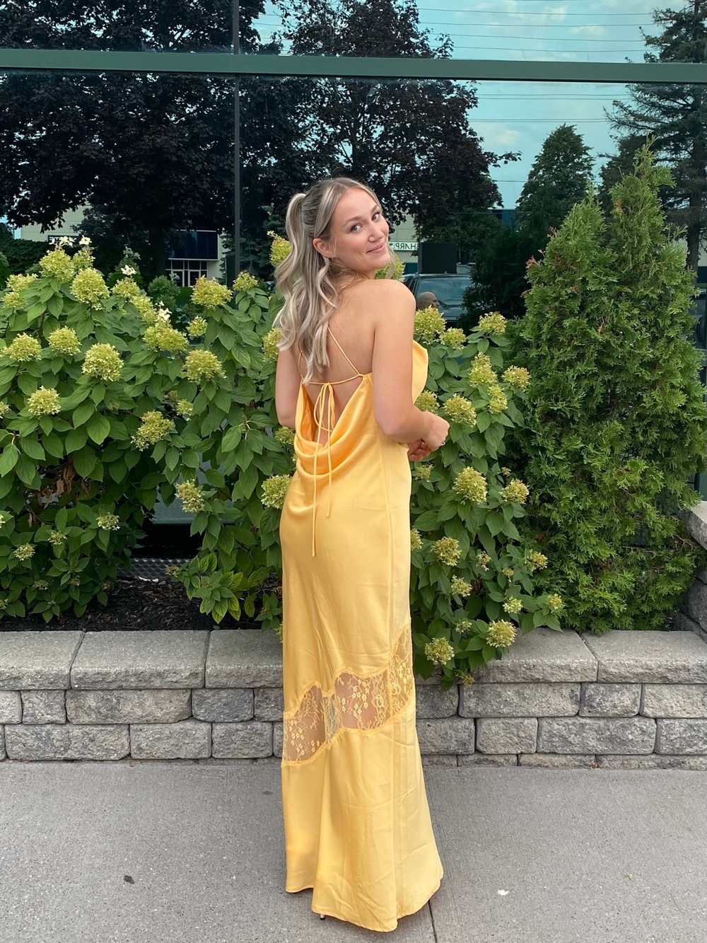 Meshki Yellow Satin Slip Dress with Lace Insets - Picture 2 of 3